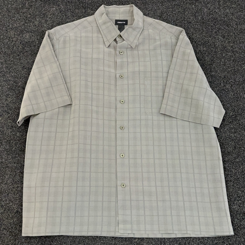 Claiborne Shirt Mens XL Gray Plaid Short Sleeve Button Up Twill Polyester